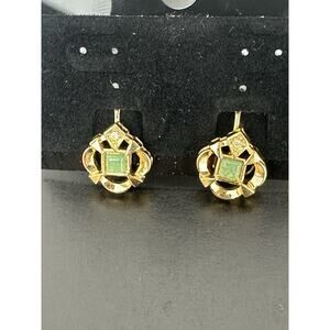 Vintage Simulated Green Gemstone Earrings Clip On Geometric Glam Jewelry
